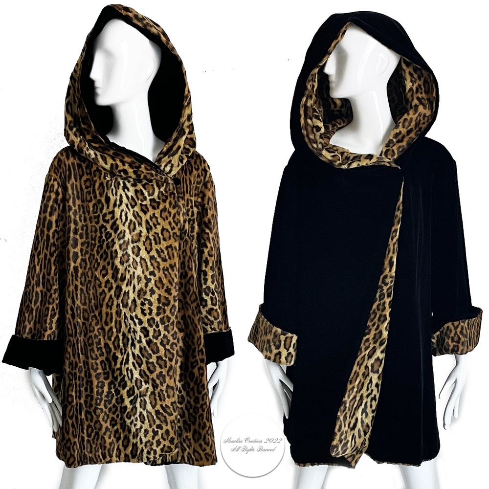 Vintage Faux Leopard Swing Jacket or Coat Reversible Huge Shawl Collar Hood 90s